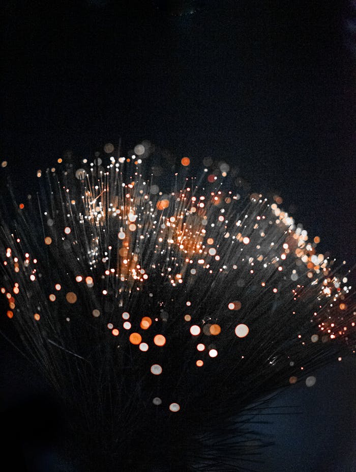 An artistic shot of fiber optic lights on a dark background creating a bokeh effect with vivid colors.