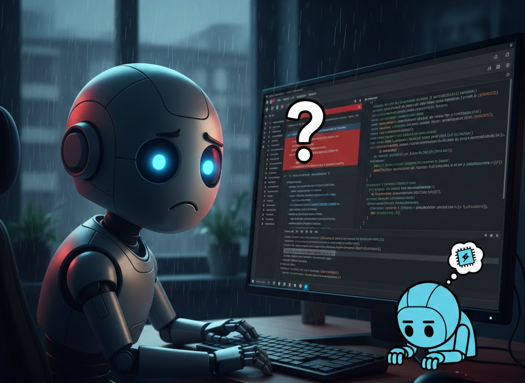 Illustrazione di GitHub Copilot in difficoltà con la comprensione del codice sorgente su un monitor
