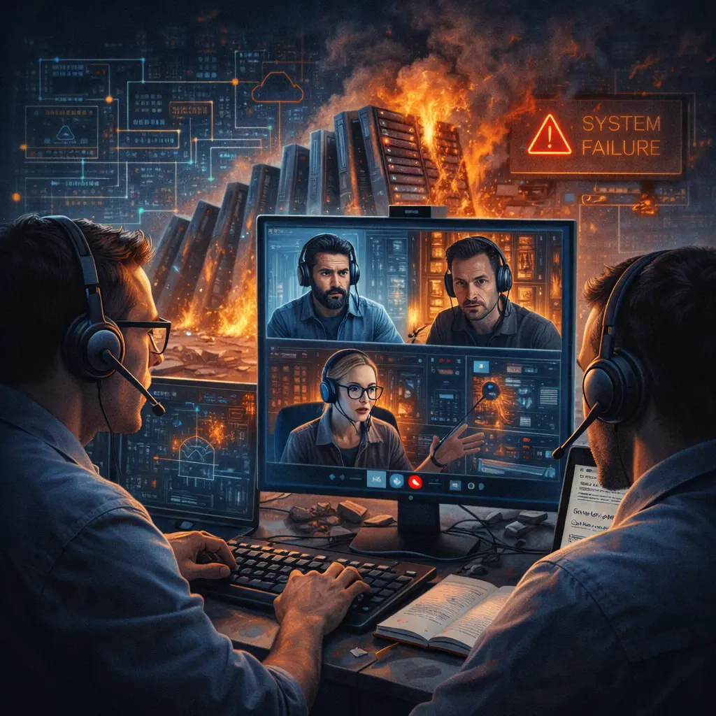 Ingegneri IT in call durante un system failure mentre cercano di risolvere un problema critico all’ultimo momento